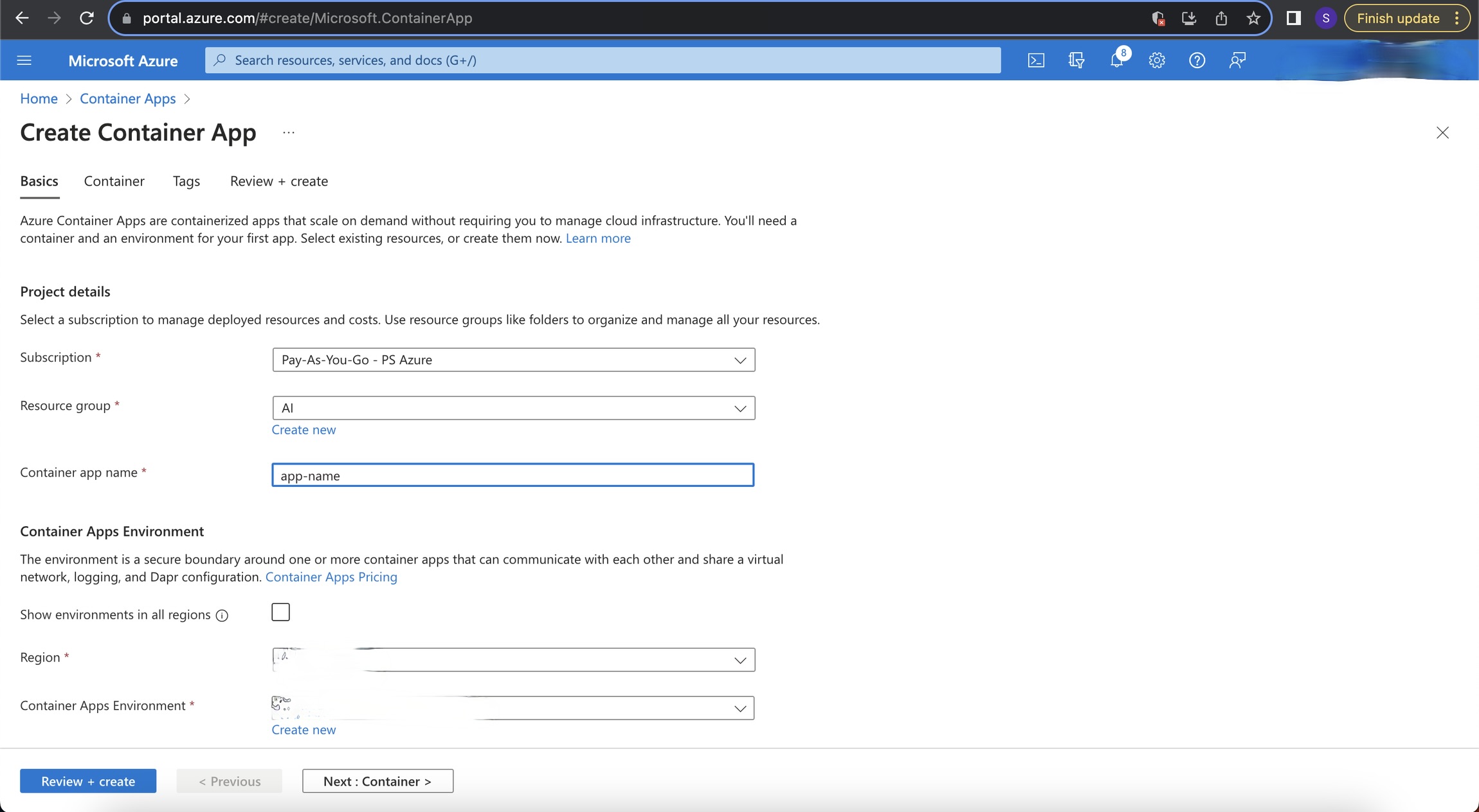 Container app creation