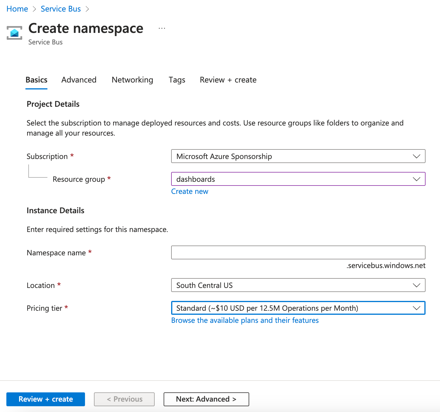 Service bus namespace