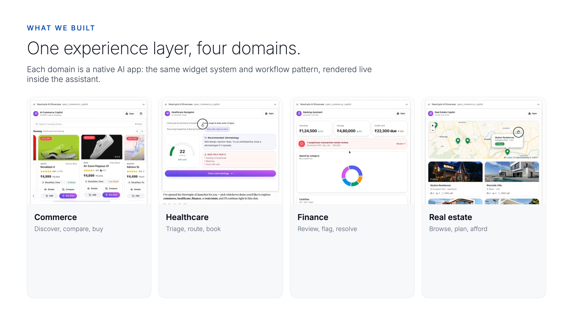 Newtuple AI experience center showing native AI apps for commerce, healthcare, finance and real estate