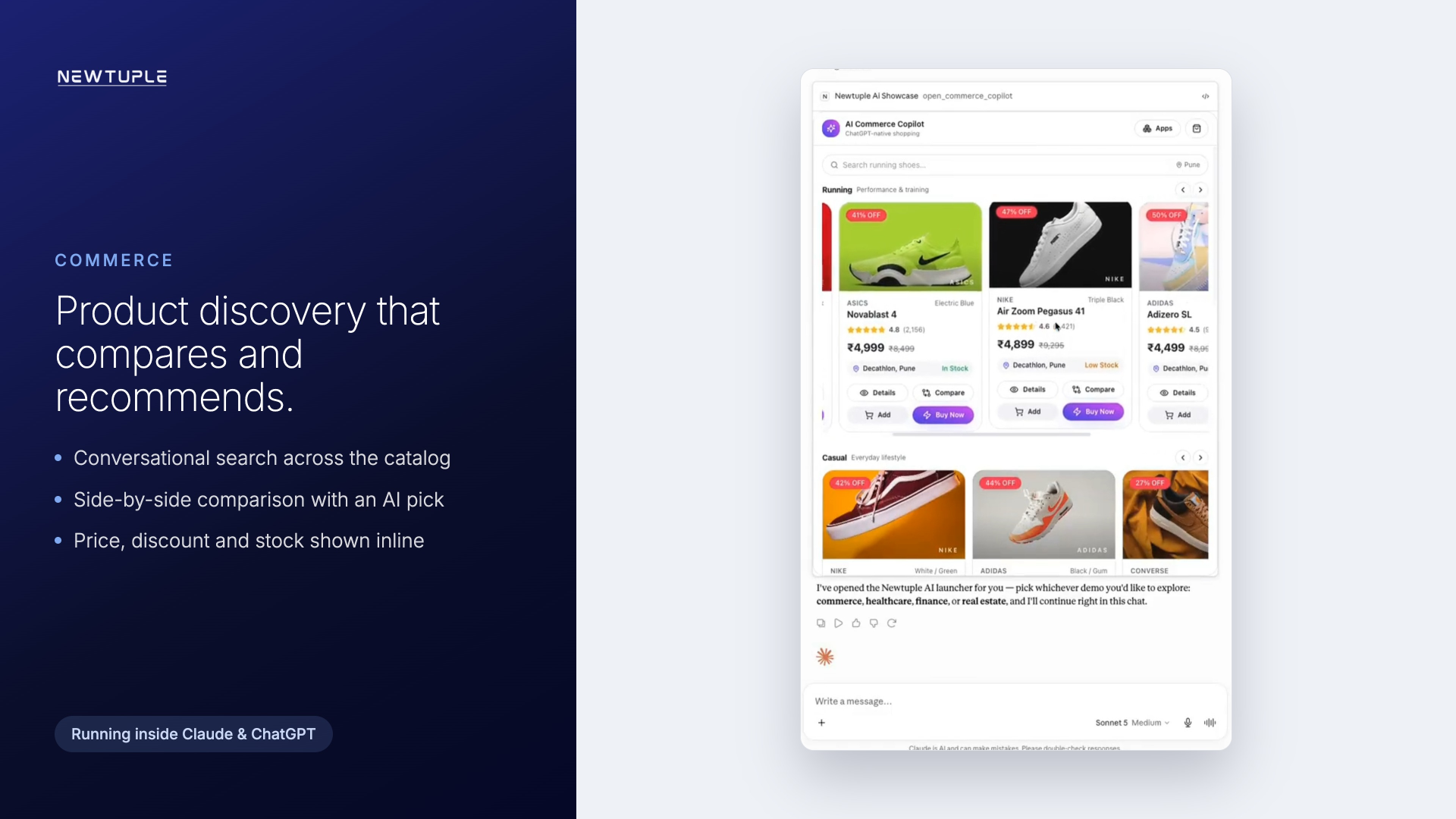 AI commerce copilot showing product discovery cards, recommendations, comparison and buy actions inside an assistant interface