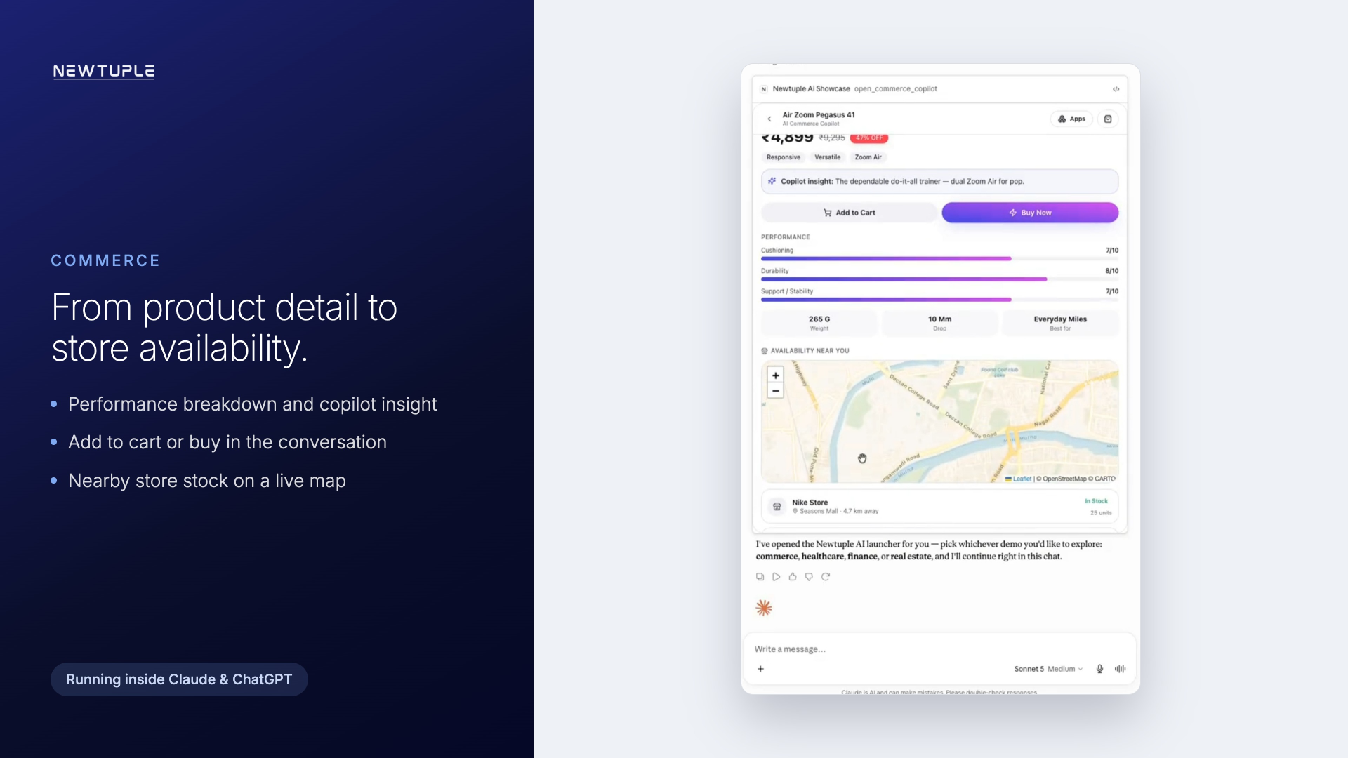 Commerce copilot showing product detail, performance breakdown and store availability on a map