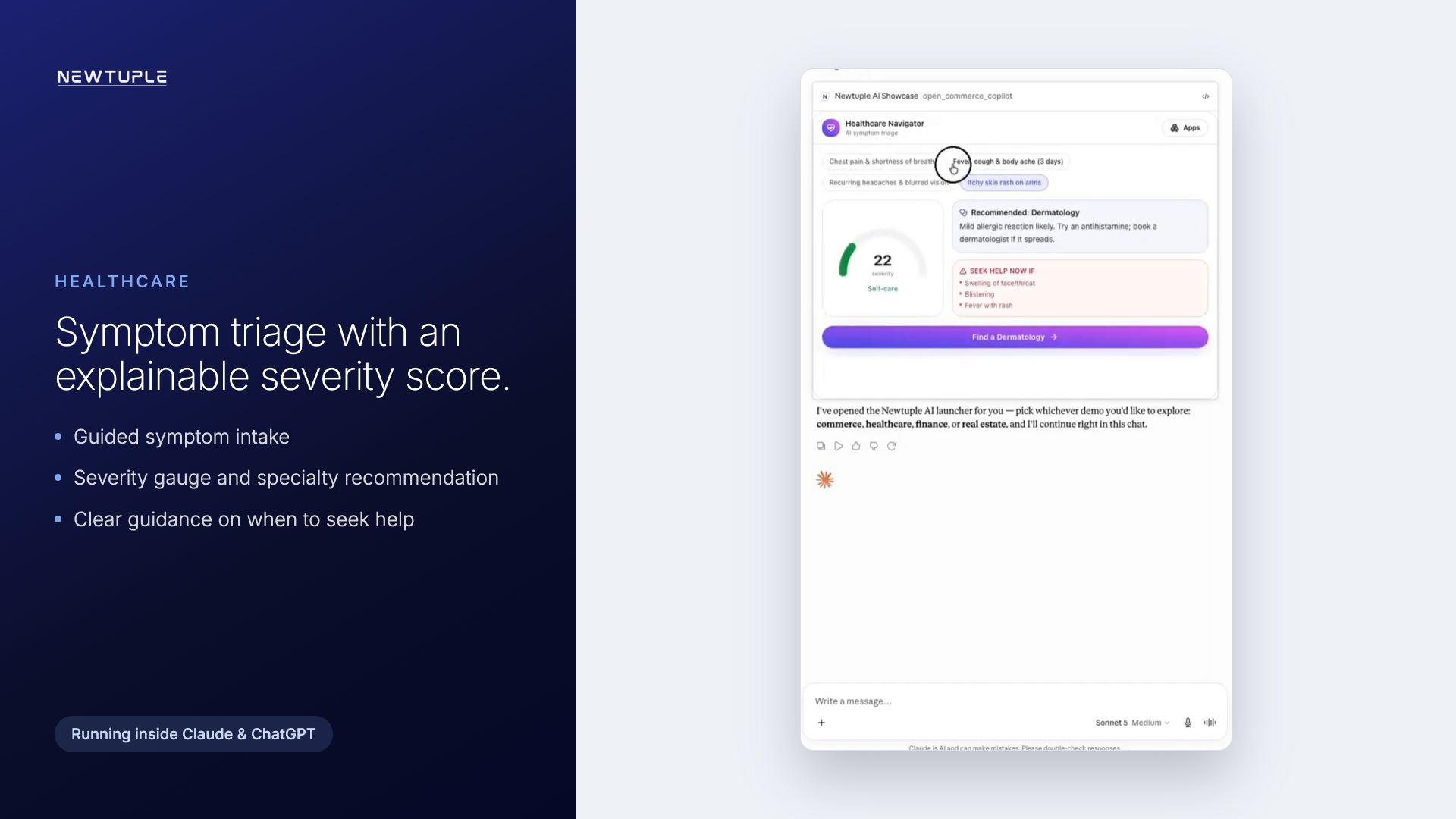 Healthcare navigator showing symptom intake, triage severity gauge and guided care routing in an AI app