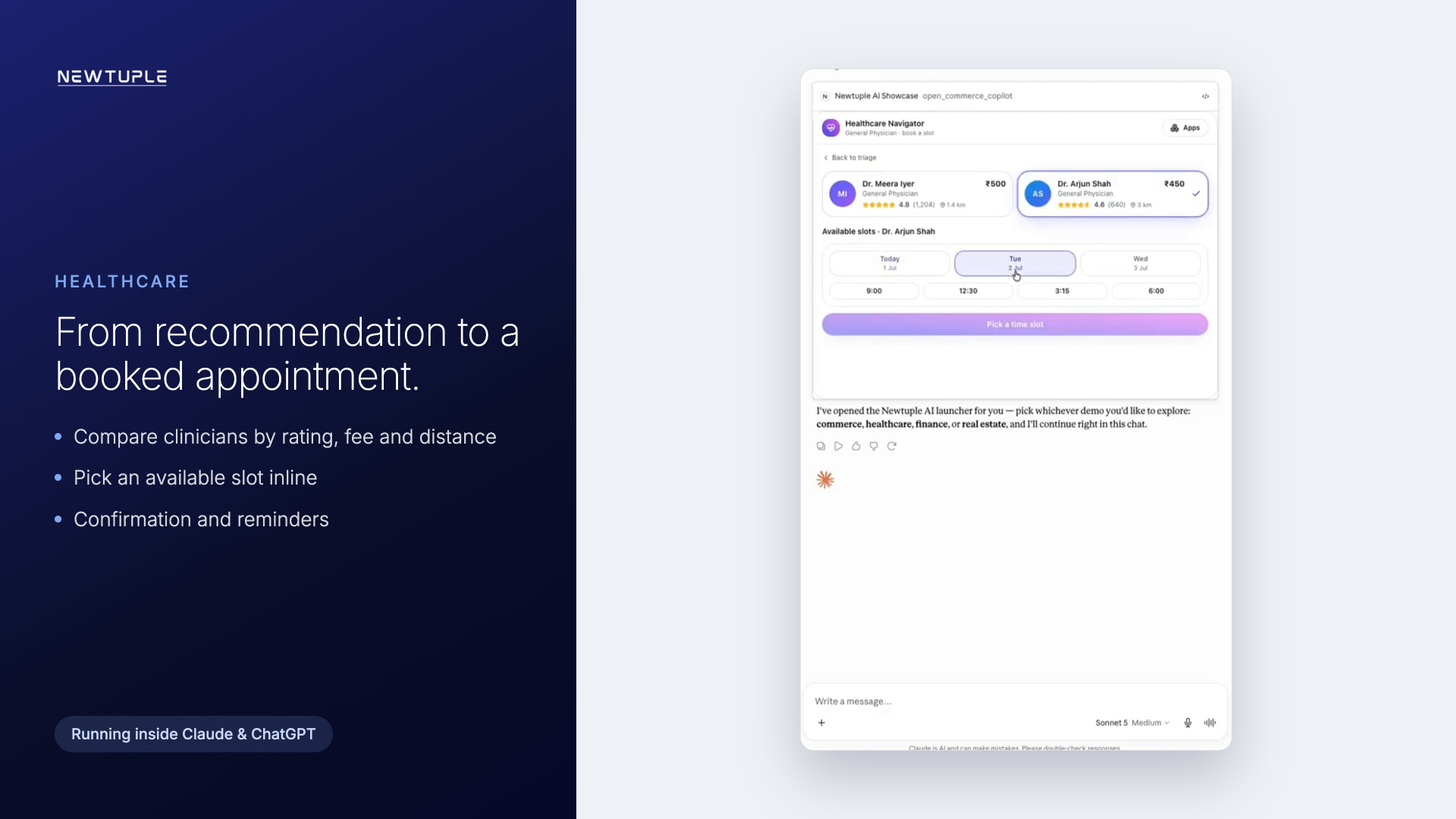 Healthcare navigator showing doctor selection, appointment slot booking and confirmation workflow inside an assistant experience