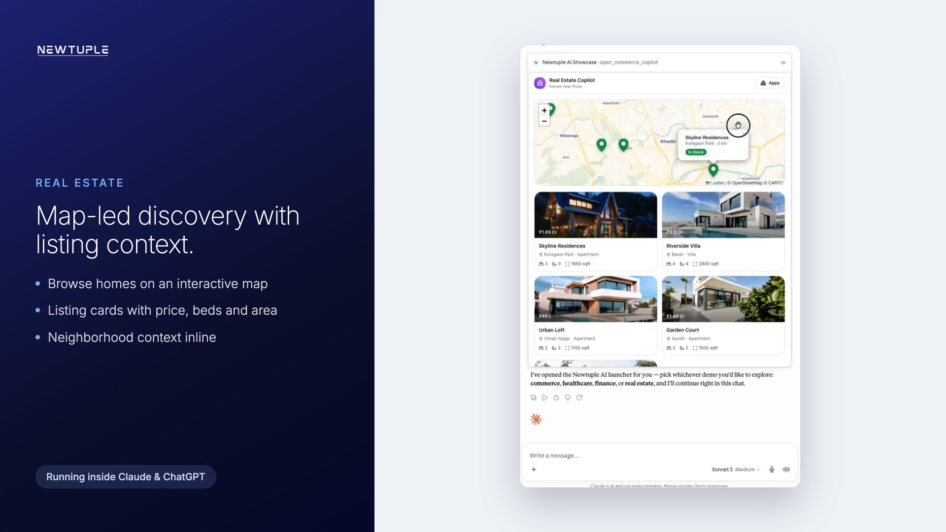 Real estate copilot showing map-led property discovery, listing cards and neighborhood context in an AI-native app
