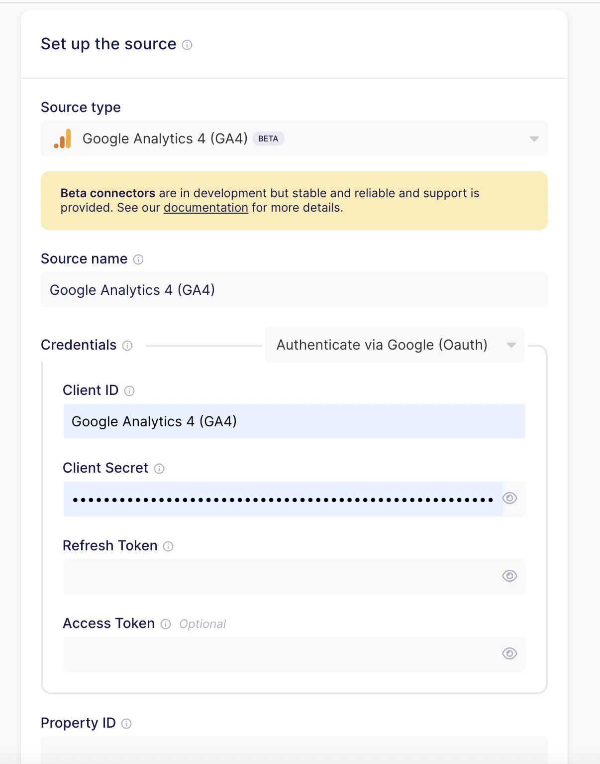 Setting up the Google Analytics 4 source in Airbyte