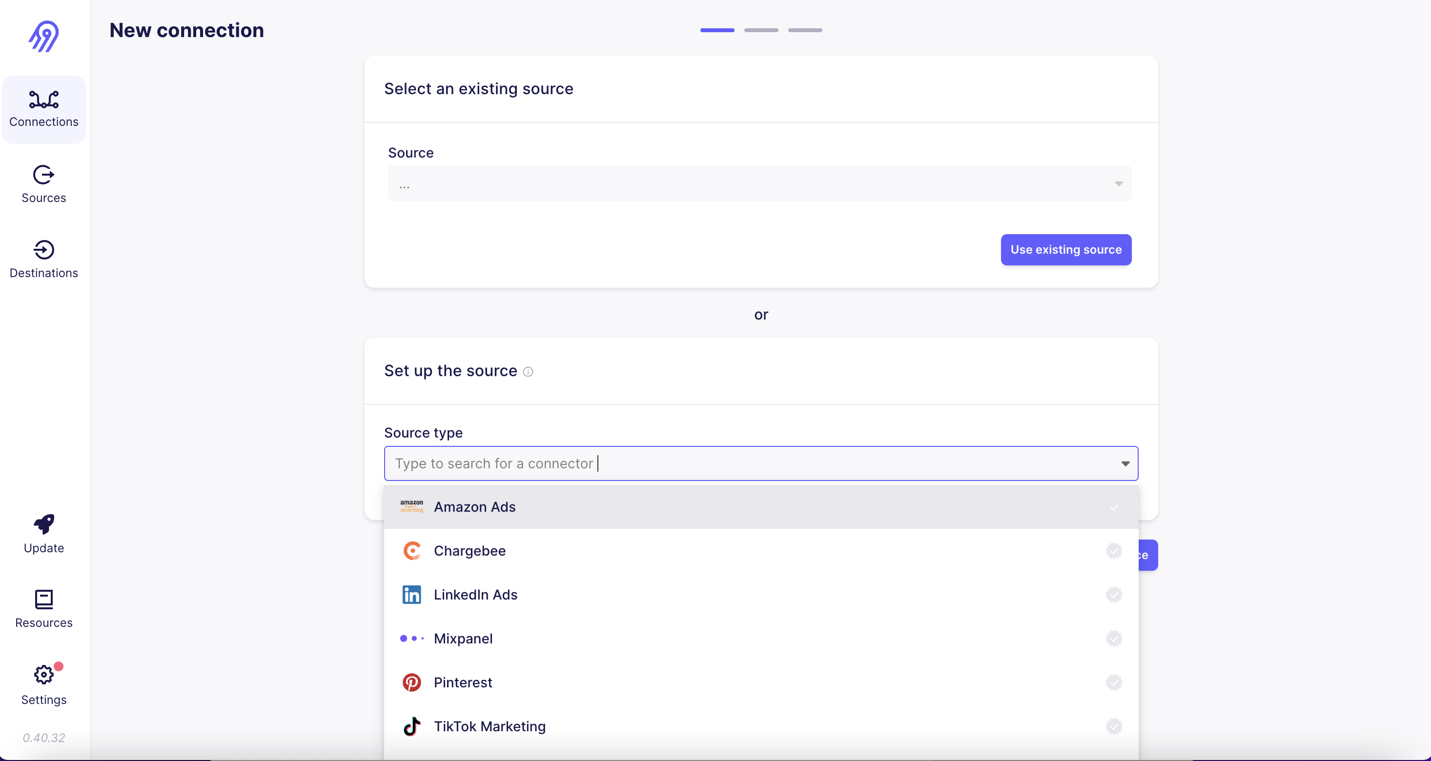 Choosing a source in Airbyte's New connection screen